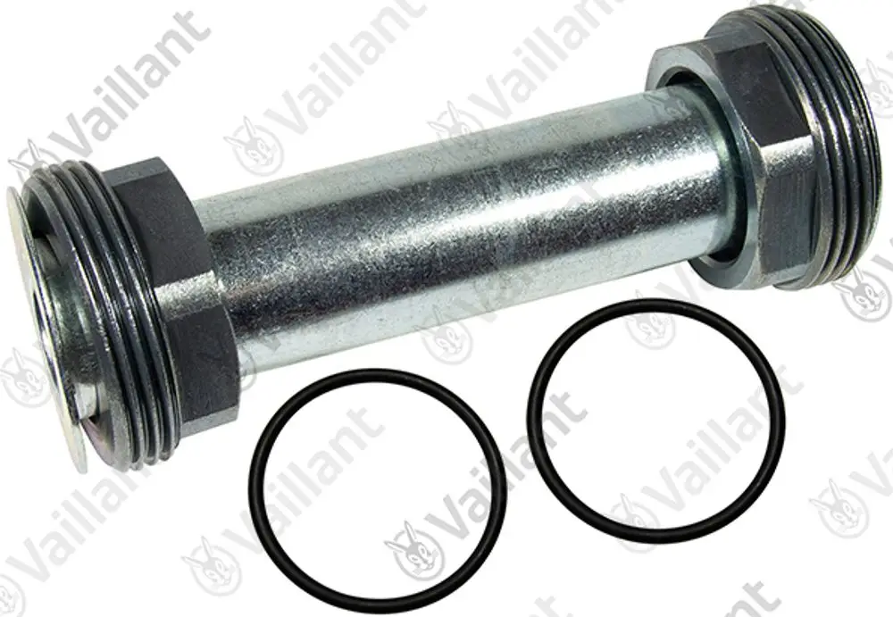 Vaillant Anschlussstück mit zwei Gewinden und zwei schwarzen Dichtungen, hergestellt aus verchromtem Metall, zur Verbindung von Heizungs- oder Rohrsystemen.